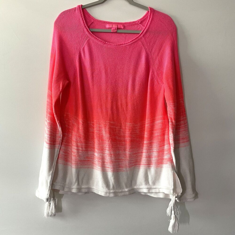 Lilly Pulitzer Knit Sweater Ombre Pink White Tassel Hem Long Sleeve Size L-(mp)
